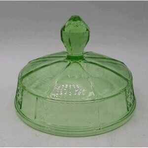 Rare Vintage 1930's Doric Jeannette Green Glass Round Butter Dish Glows LID ONLY